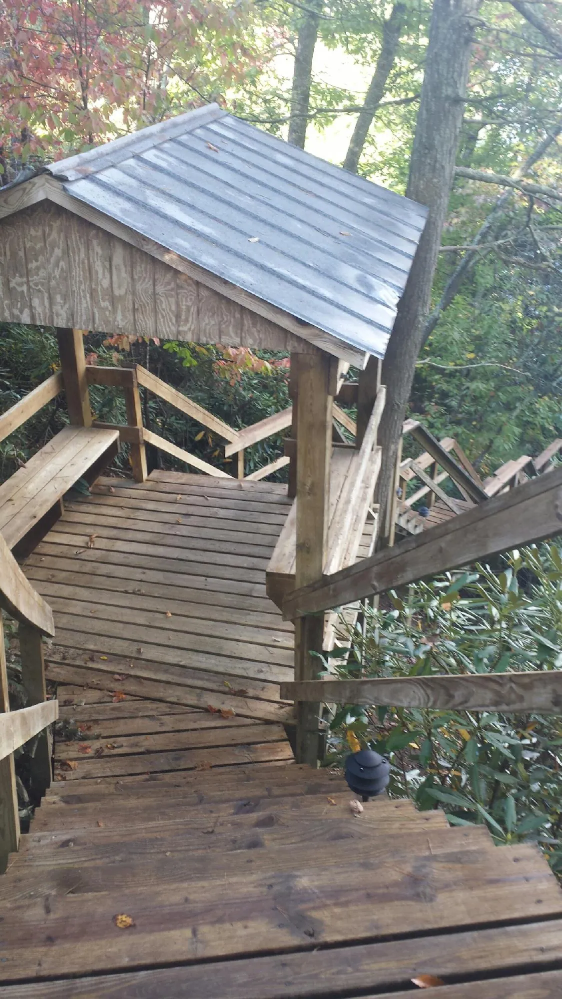 Metal roofed shelter over wooden steps on a wooded walkway — Skylight Repair & Installation work by our crew in Rippey